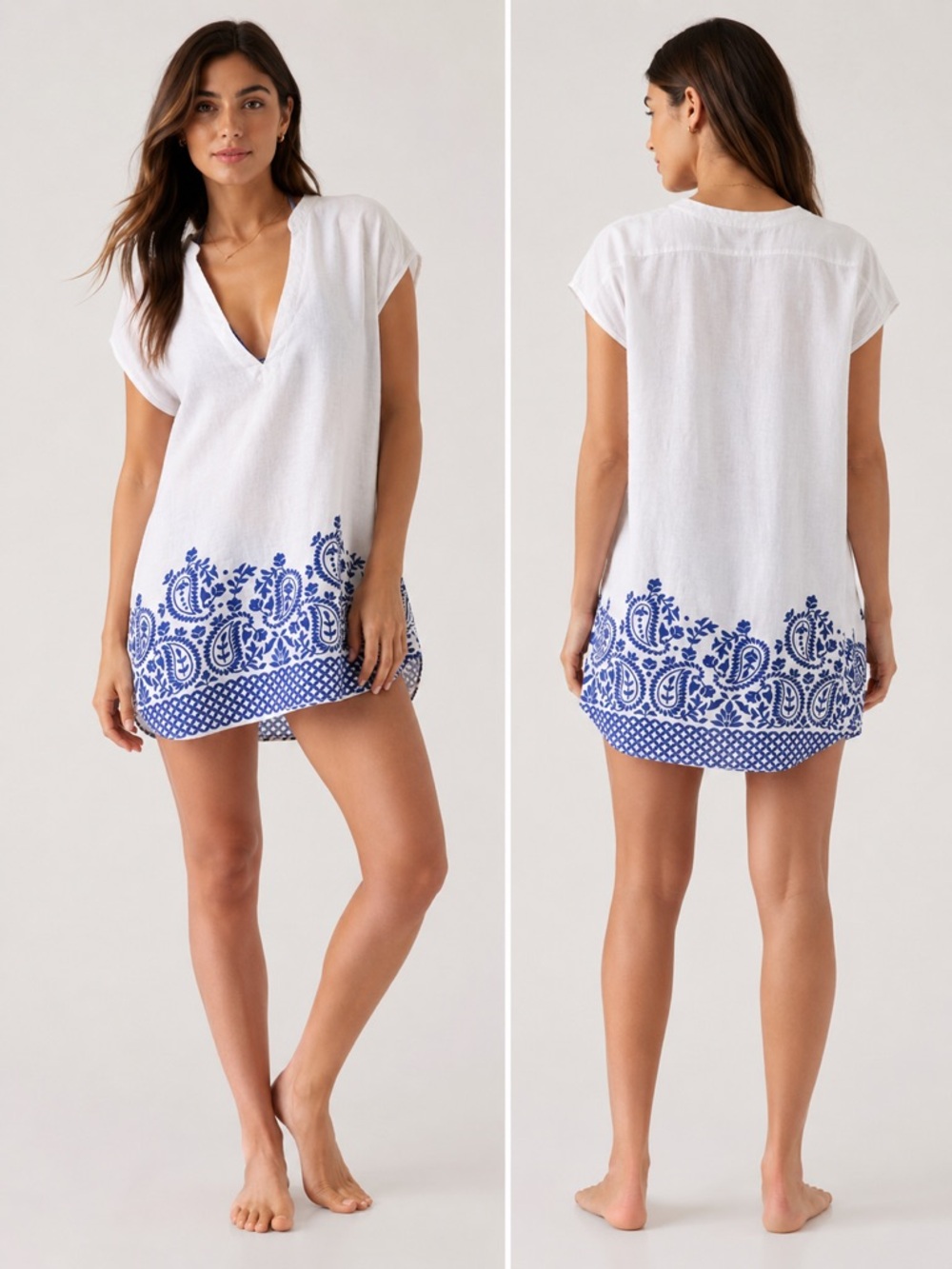 Athleta White & Blue Embroidered Swim Cover Up Tunic Dress Size Medium #0142